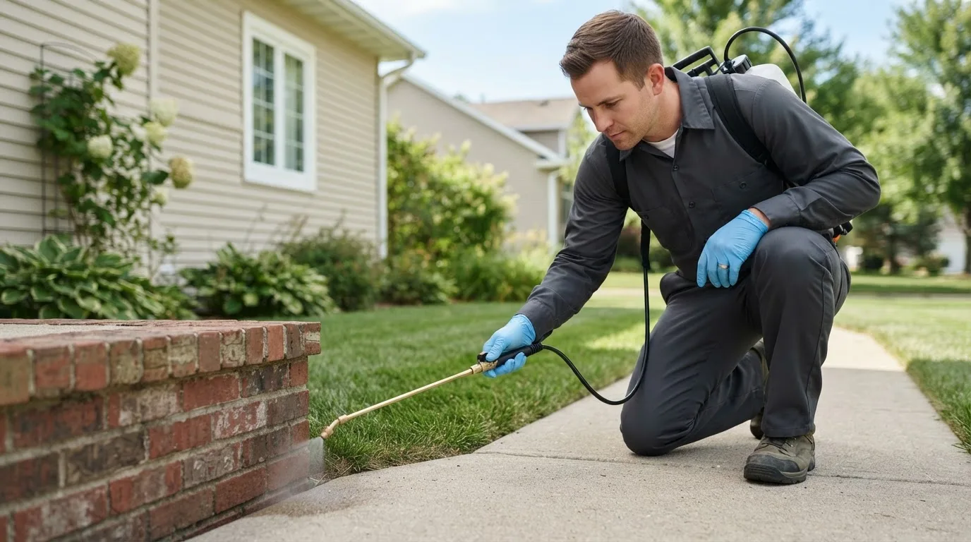 Pest control technician treating a home near Heathsville, VA